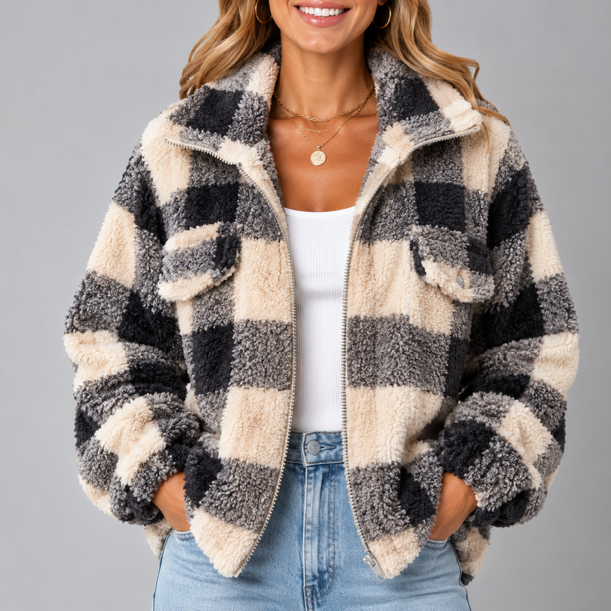 Women's Relaxed Teddy-Texture Jacket with Wide Collar and Gathered Cuffs