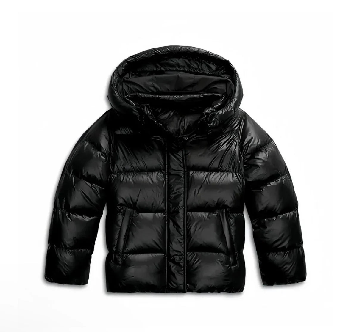 Women's Hooded Puffer Jacket with Glossy Finish and Zipper Front