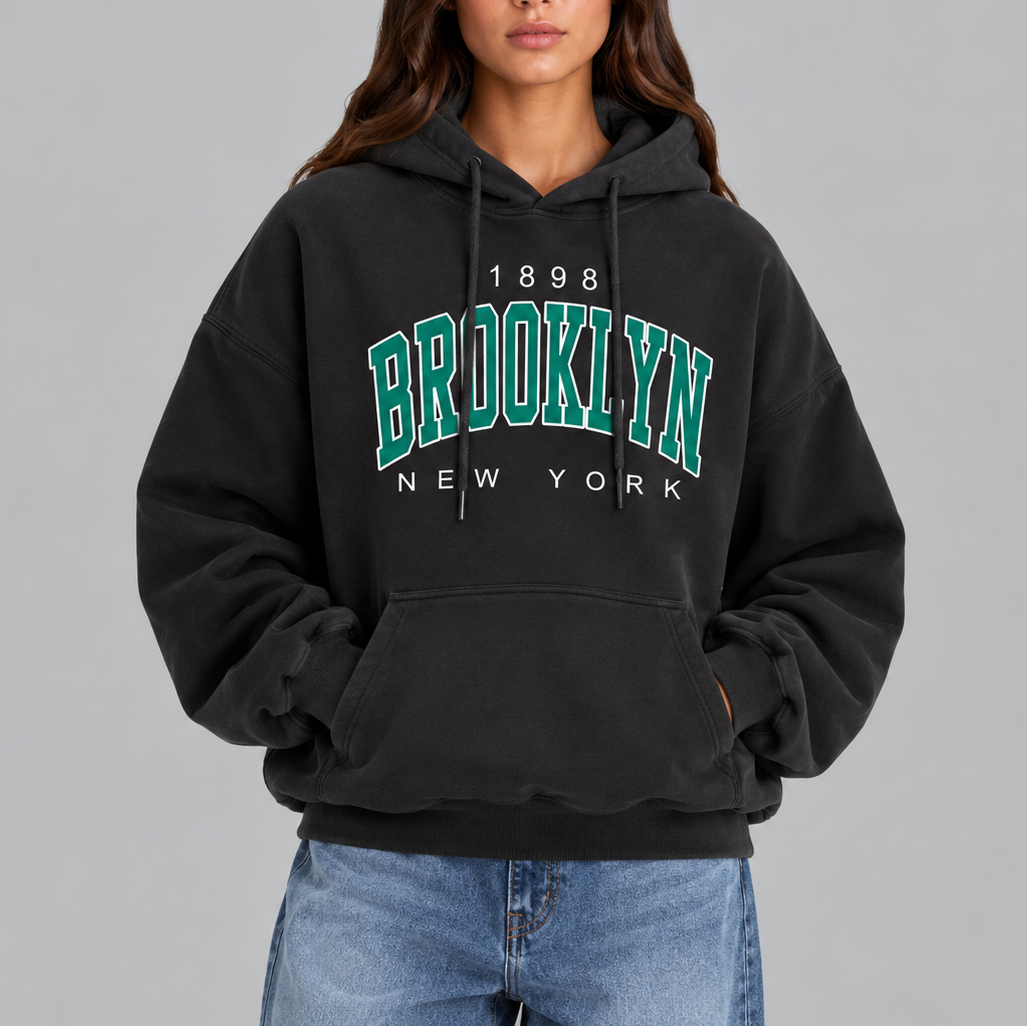 Women's Oversized Brooklyn Graphic Hoodie with Drawstring and Front Pocket