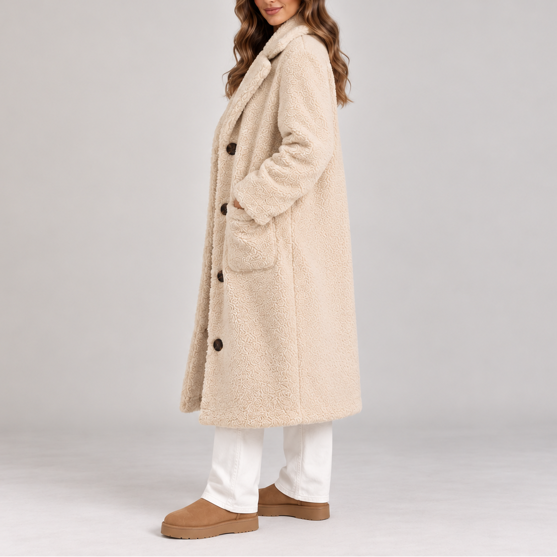 Women's Long Teddy-Texture Coat with Lapel Collar and Button Front
