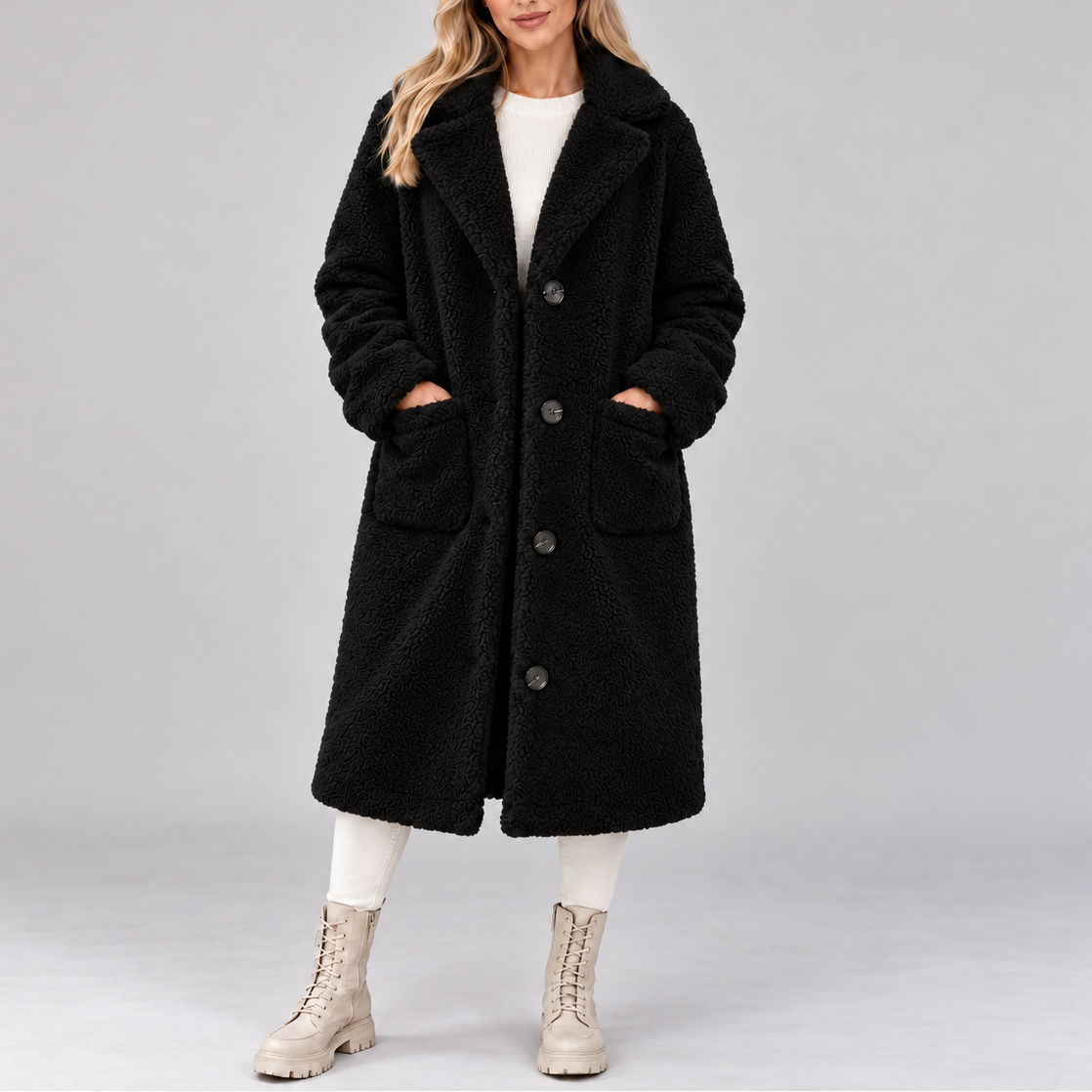 Women's Long Teddy-Texture Coat with Lapel Collar and Button Front