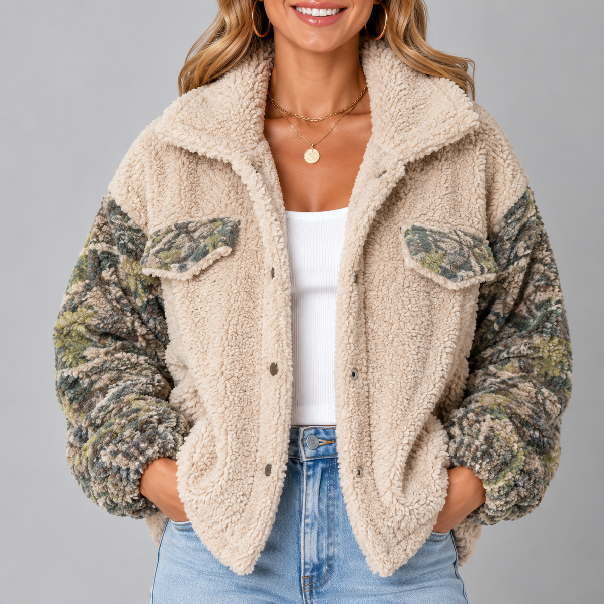 Women's Relaxed Teddy-Texture Jacket with Wide Collar and Gathered Cuffs