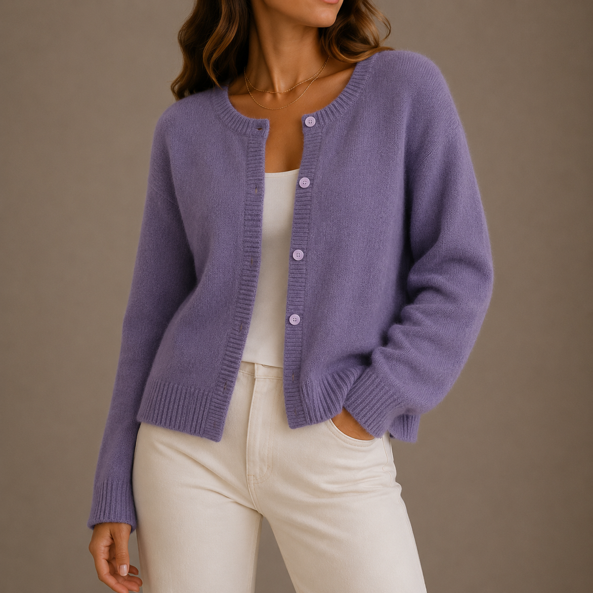Women's Round-Neck Knit Cardigan with Button Front and Long Sleeves