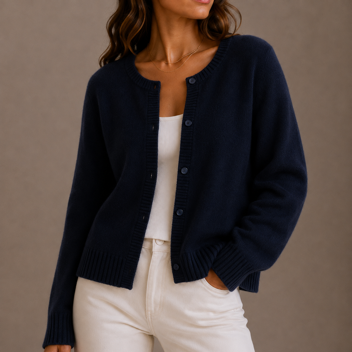 Women's Round-Neck Knit Cardigan with Button Front and Long Sleeves