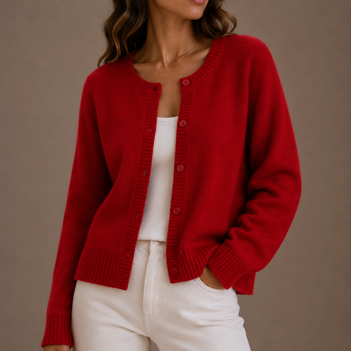 Women's Round-Neck Knit Cardigan with Button Front and Long Sleeves