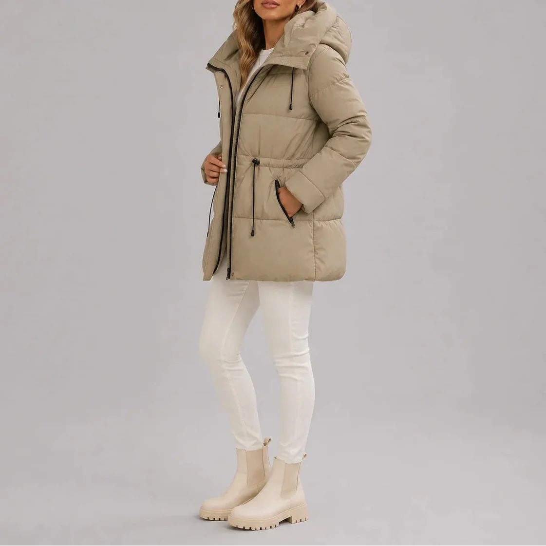 Women's Hooded Puffer Coat with Drawstring Waist and Zippered Pockets