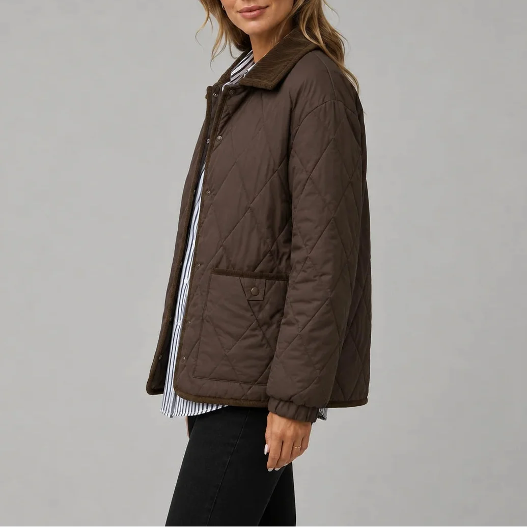 Women's Diamond-Quilted Jacket with Contrast Collar and Patch Pockets