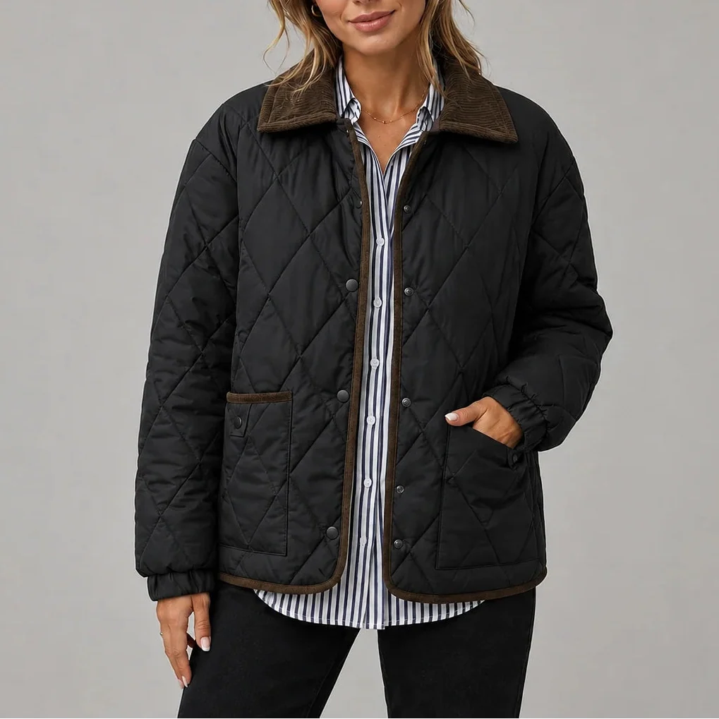 Women's Diamond-Quilted Jacket with Contrast Collar and Patch Pockets