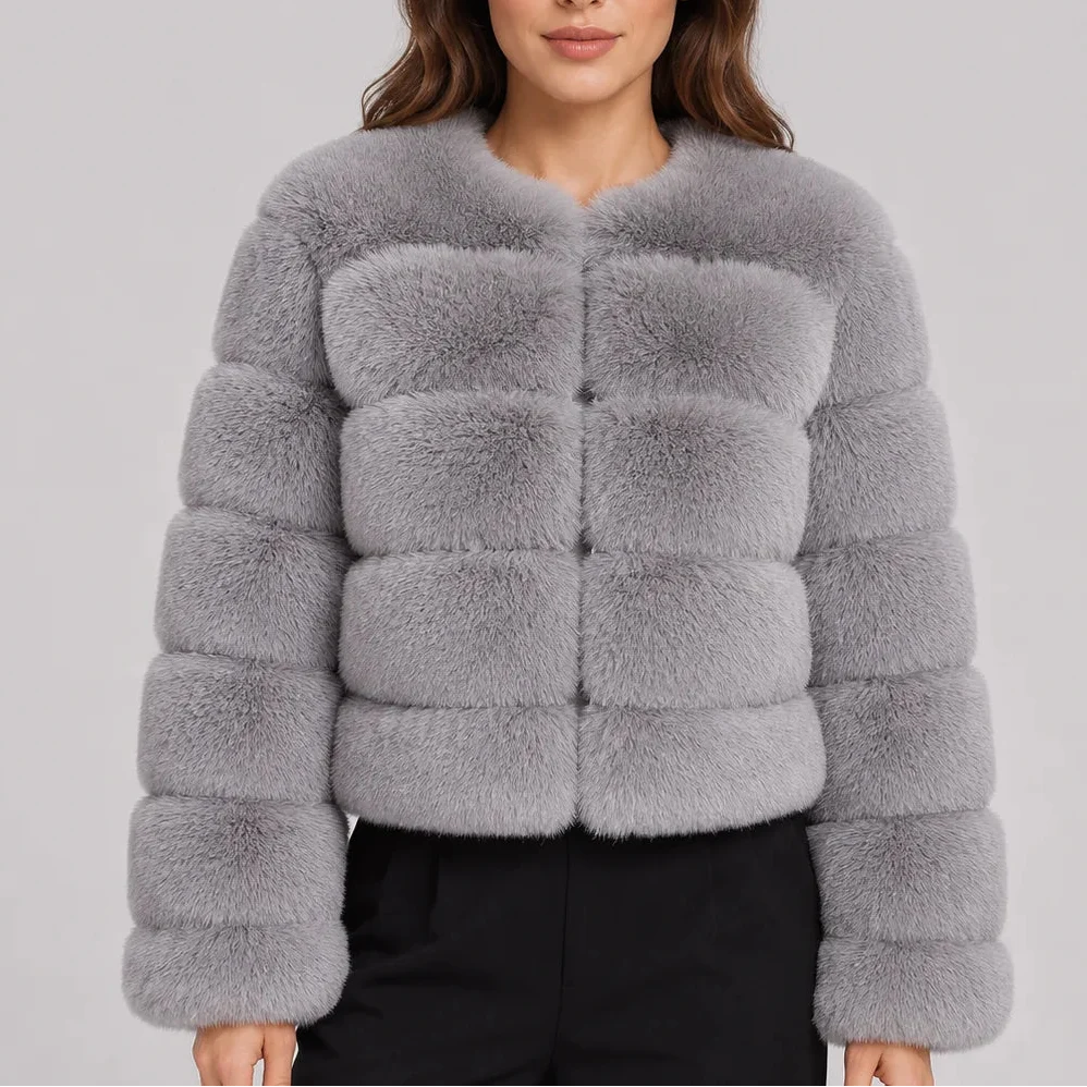 Women's Cropped Fur-Look Jacket with Round Neck and Horizontal Panels