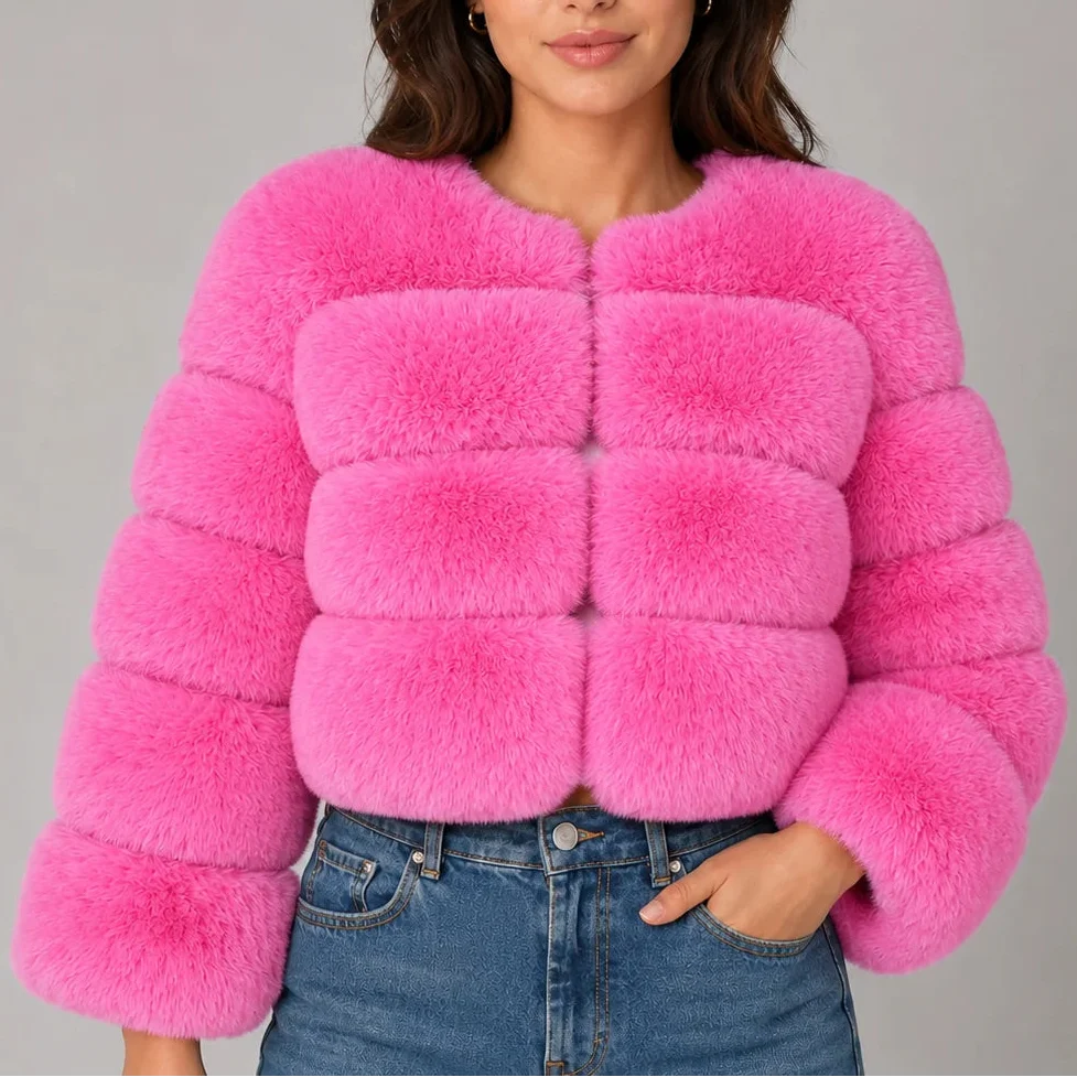 Women's Cropped Fur-Look Jacket with Round Neck and Horizontal Panels