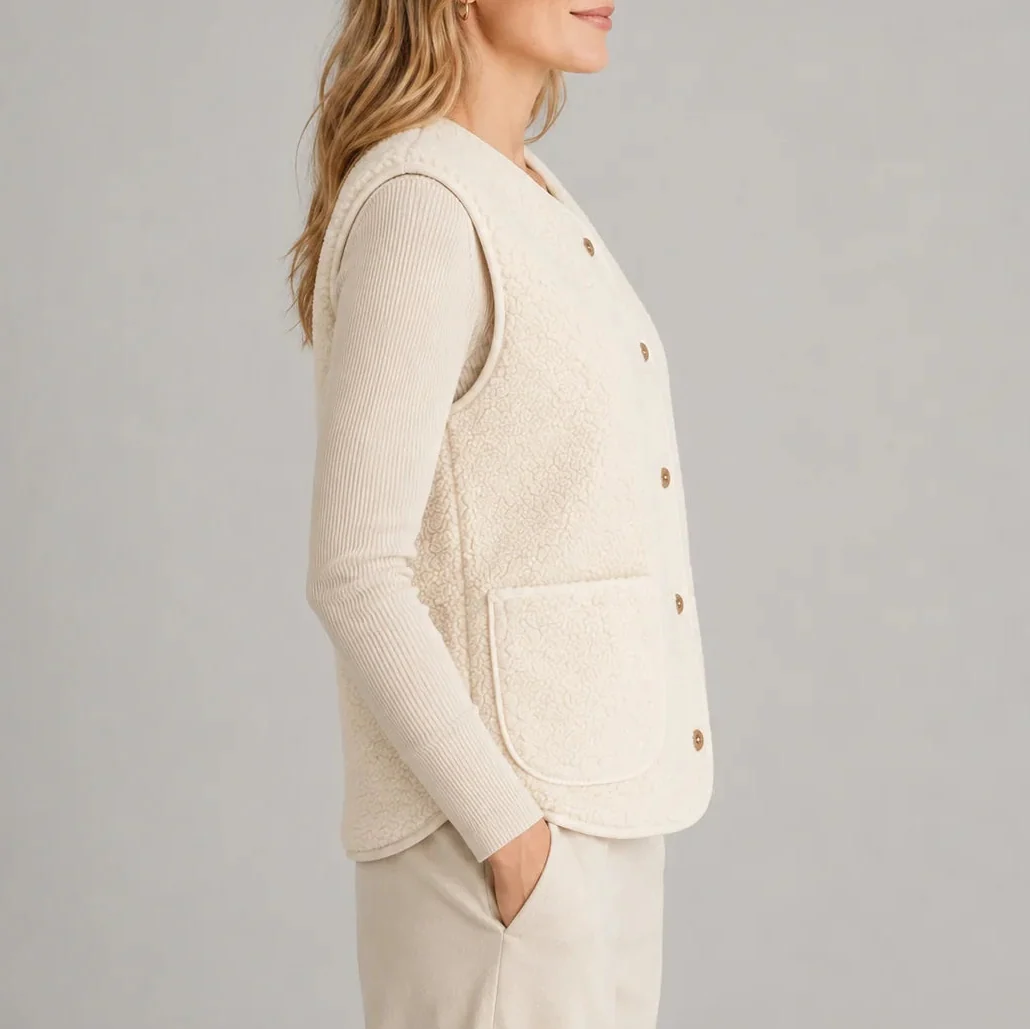Women's Textured Button-Front Vest with Contrast Trim and Patch Pockets