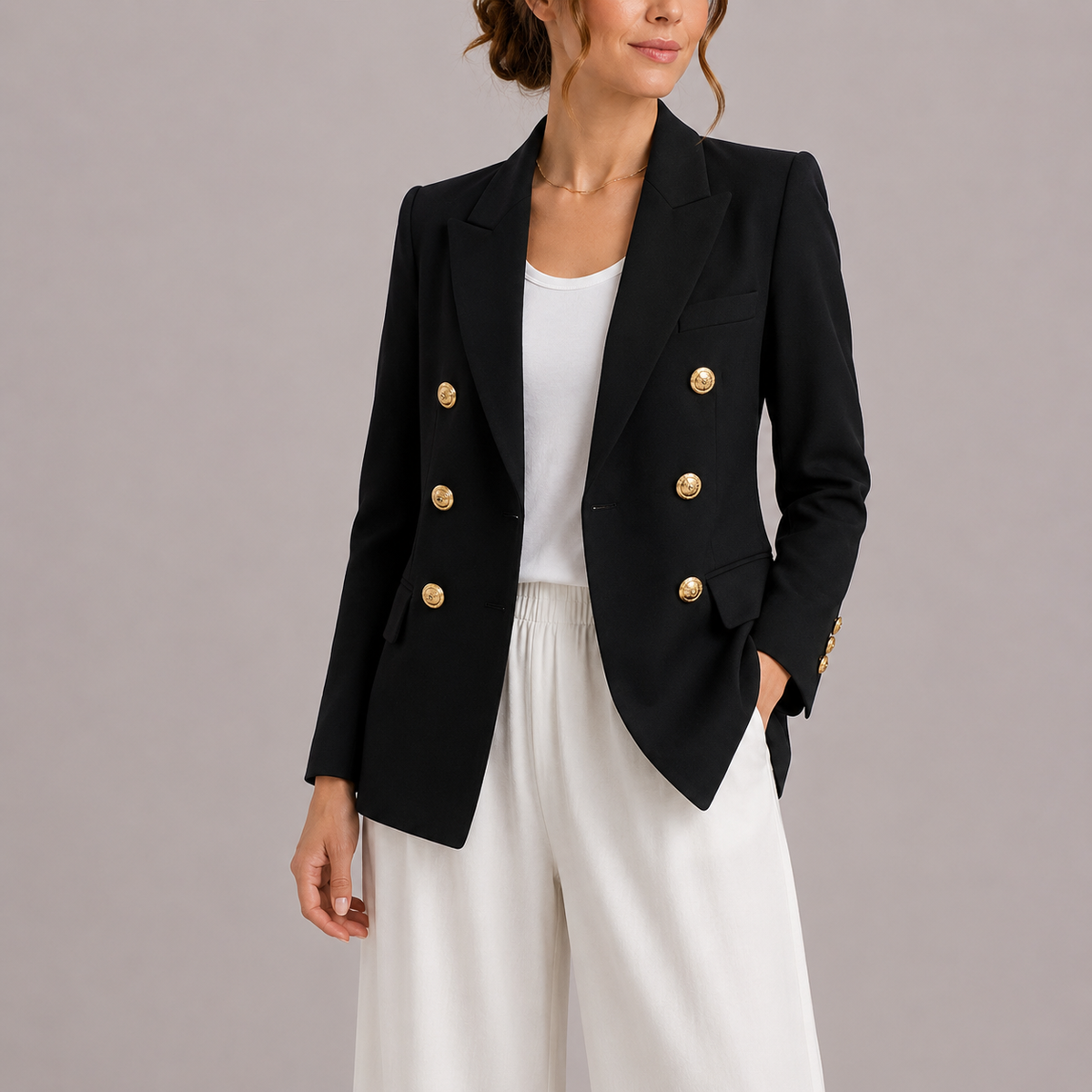 Women's Double-Breasted Blazer with Gold-Tone Buttons and Notched Lapels