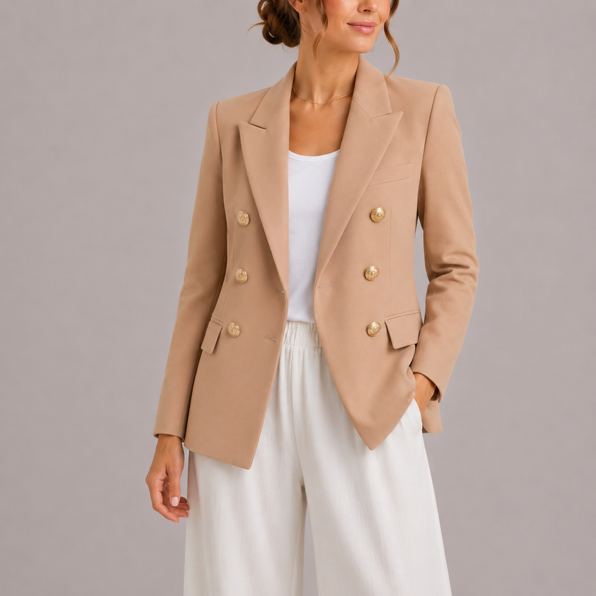 Women's Double-Breasted Blazer with Gold-Tone Buttons and Notched Lapels