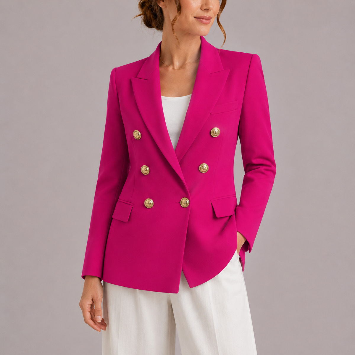 Women's Double-Breasted Blazer with Gold-Tone Buttons and Notched Lapels