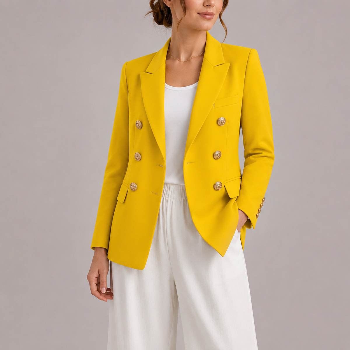 Women's Double-Breasted Blazer with Gold-Tone Buttons and Notched Lapels
