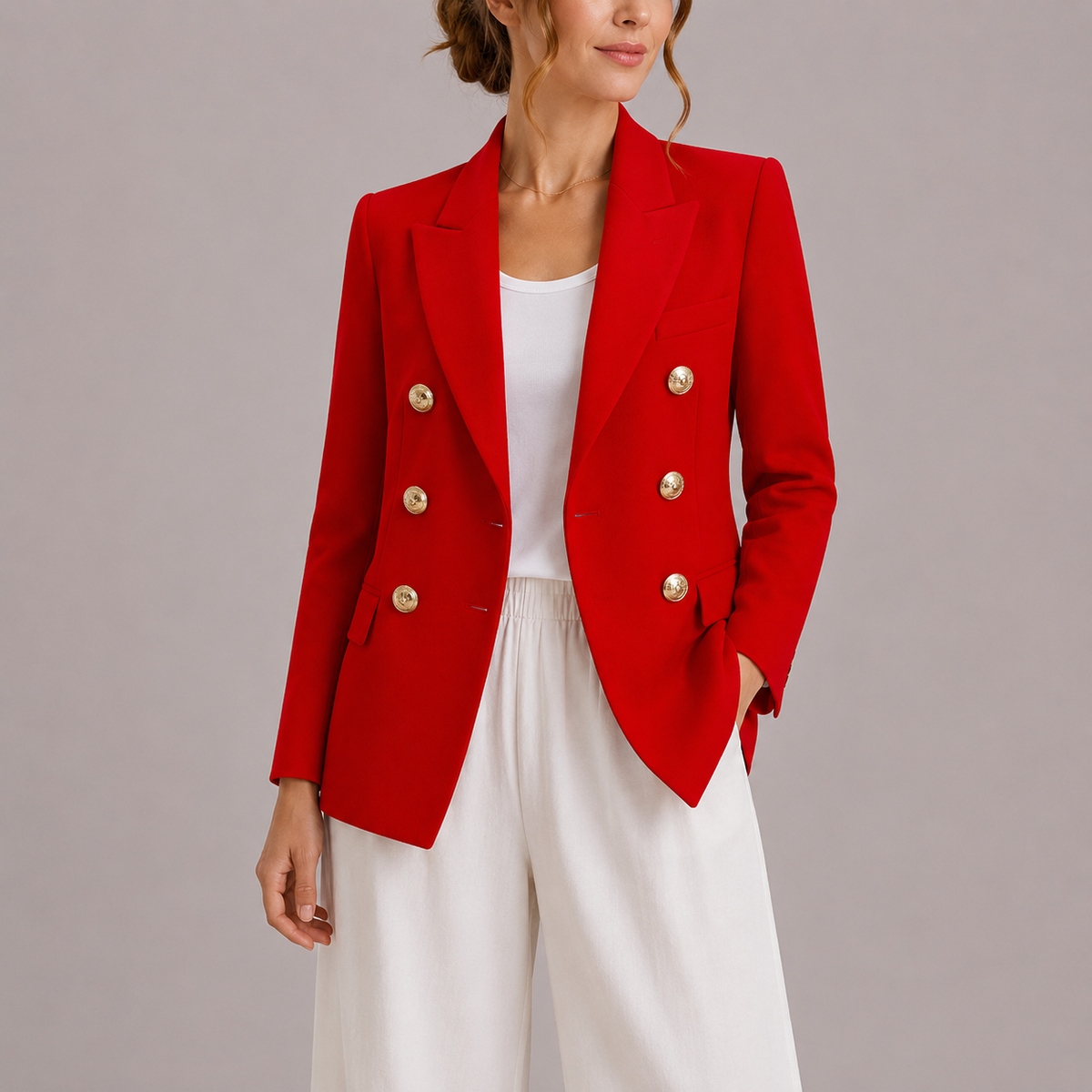 Women's Double-Breasted Blazer with Gold-Tone Buttons and Notched Lapels