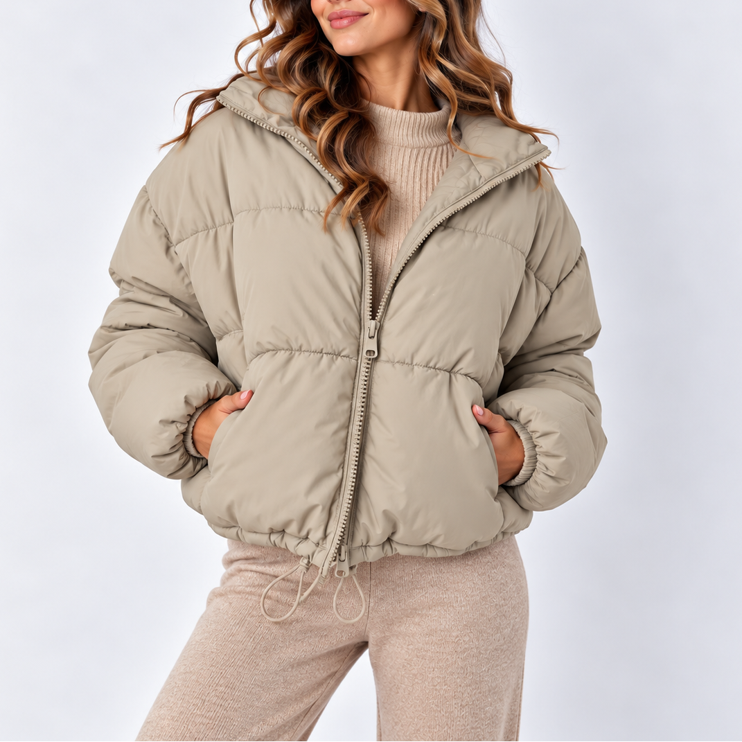 Women's Oversized Puffer Jacket with High Collar and Drawstring Hem