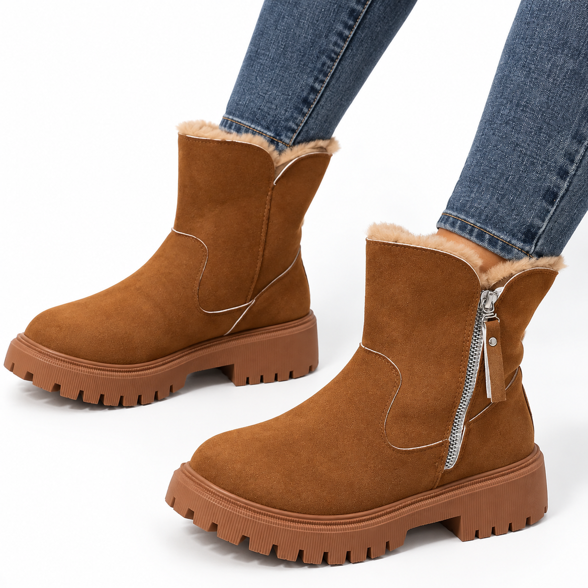 Women's Suede-Look Ankle Boots with Side Zipper and Lug Sole