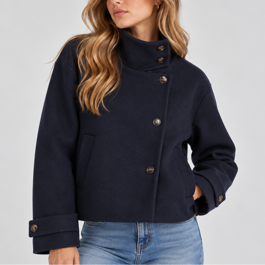 Women's Cropped High-Neck Jacket with Asymmetric Button Front