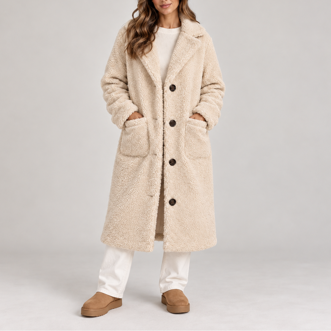 Women's Long Teddy-Texture Coat with Lapel Collar and Button Front