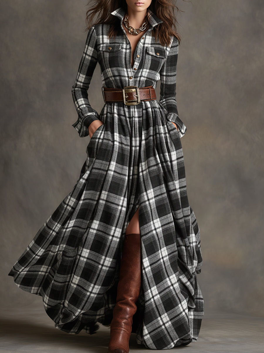 Women's Long Plaid Shirt Dress with Button Front and Tie Waist