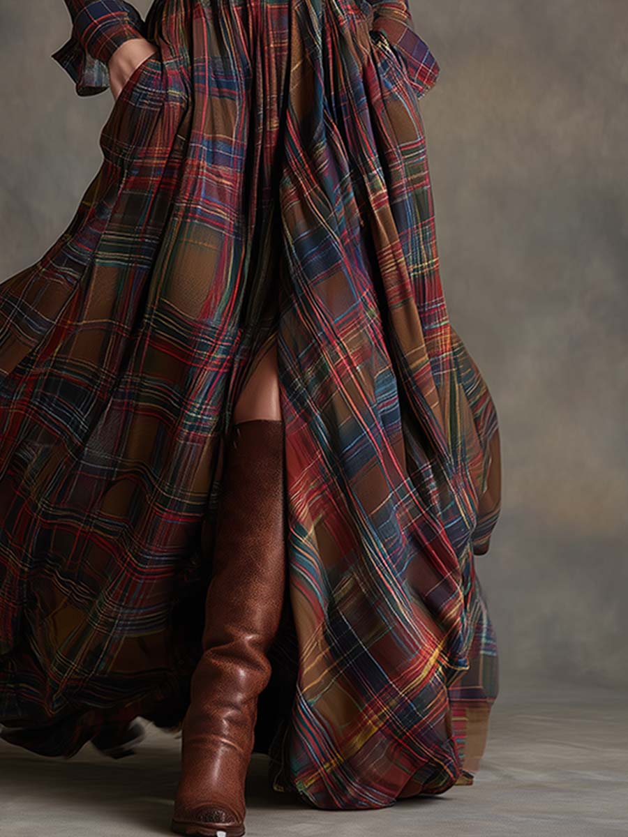 Women's Long Plaid Shirt Dress with Button Front and Tie Waist
