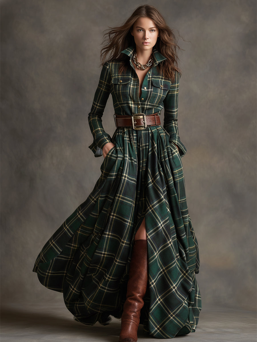 Women's Long Plaid Shirt Dress with Button Front and Tie Waist