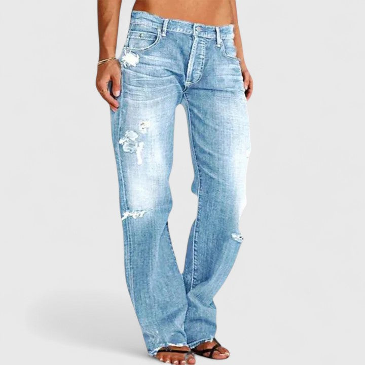 Women's Wide-Leg Jeans with Faded Wash and Distressed Details