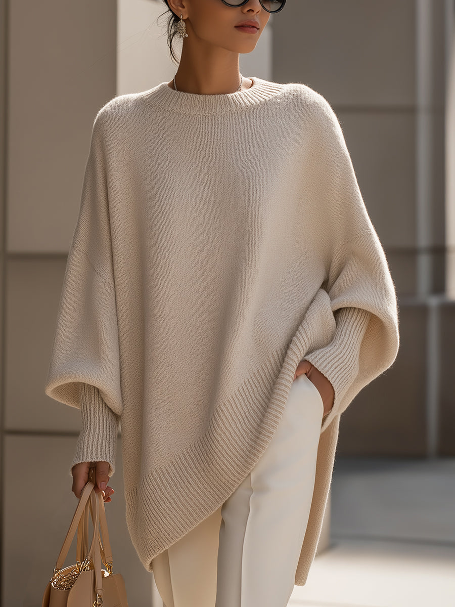 Women's Draped Knit Sweater with Crewneck and Wide Sleeves
