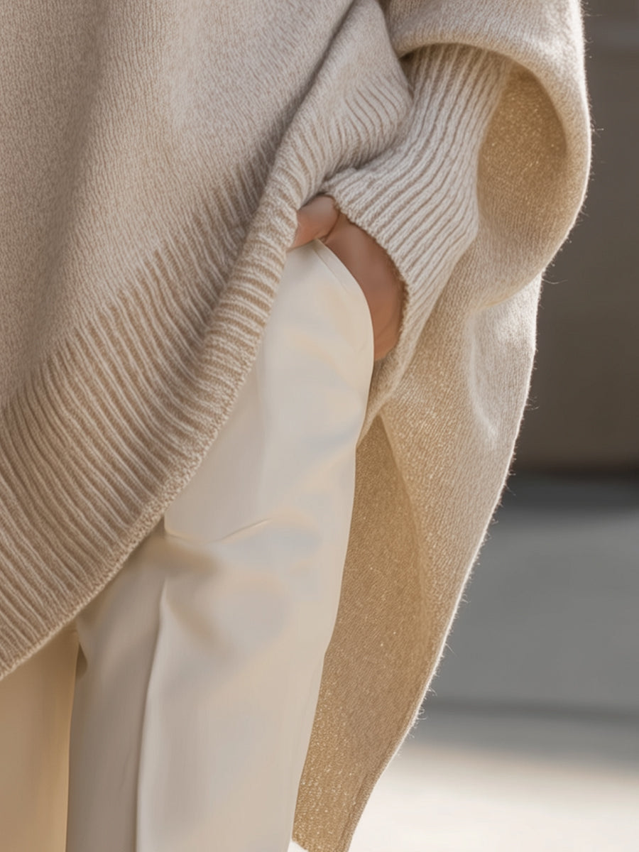 Women's Draped Knit Sweater with Crewneck and Wide Sleeves