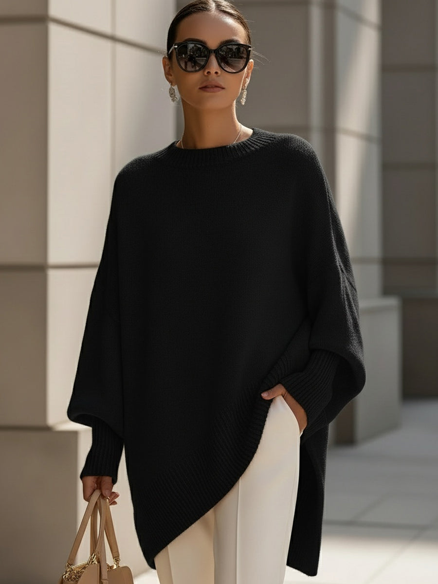 Women's Draped Knit Sweater with Crewneck and Wide Sleeves