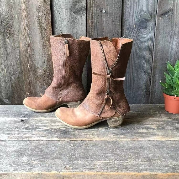 Women's Distressed-Look Mid-Calf Boots with Side Zipper and Low Heel