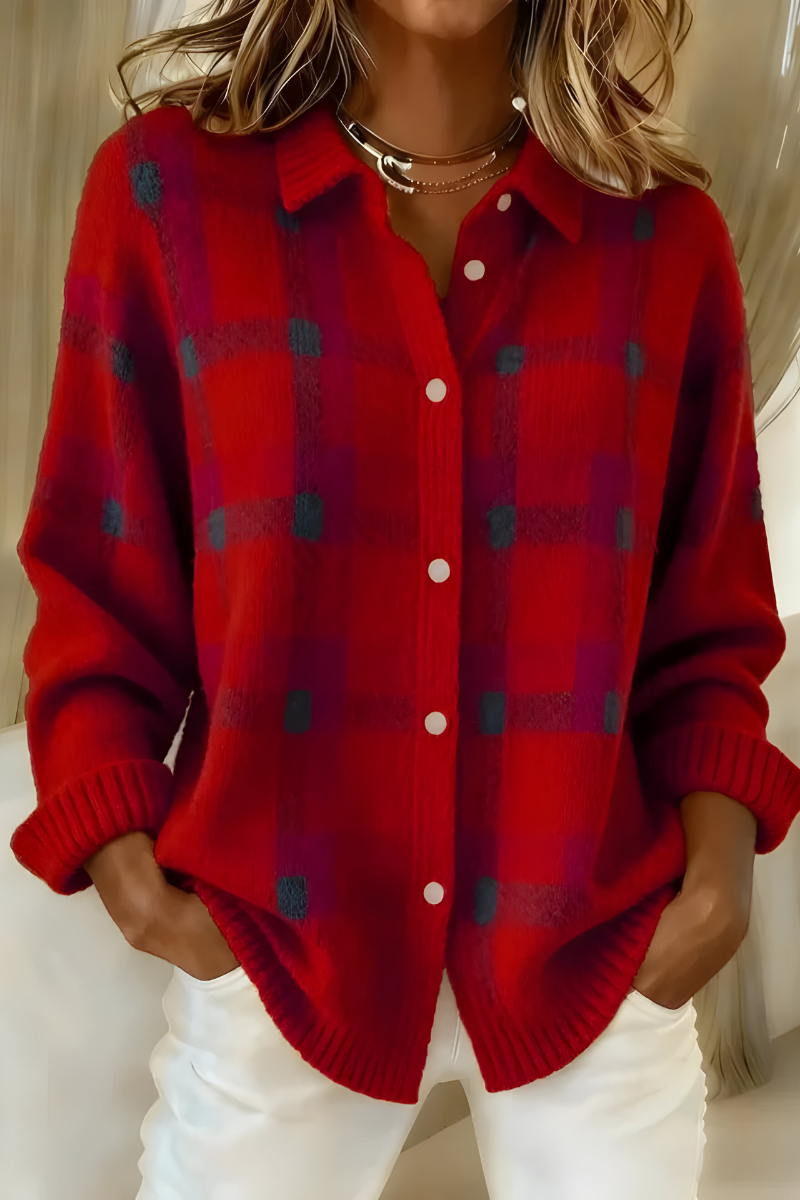 Women's Plaid Button-Front Shirt with Collar and Long Sleeves