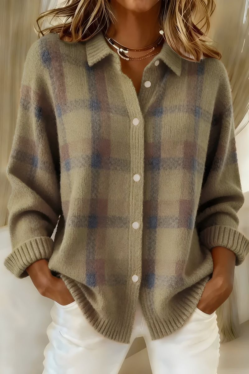 Women's Plaid Button-Front Shirt with Collar and Long Sleeves