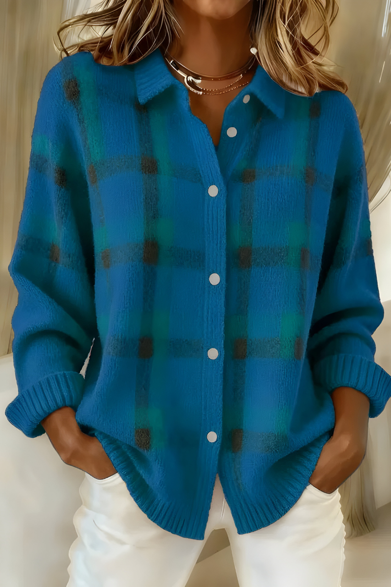 Women's Plaid Button-Front Shirt with Collar and Long Sleeves