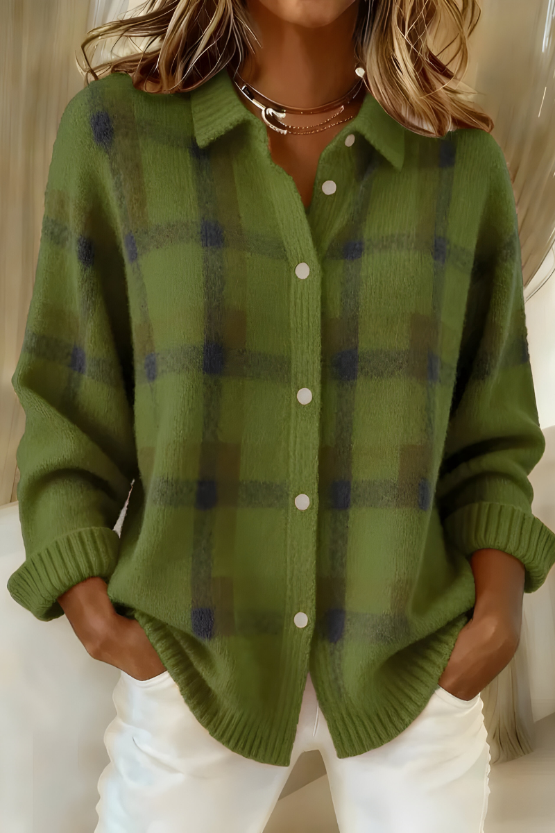 Women's Plaid Button-Front Shirt with Collar and Long Sleeves
