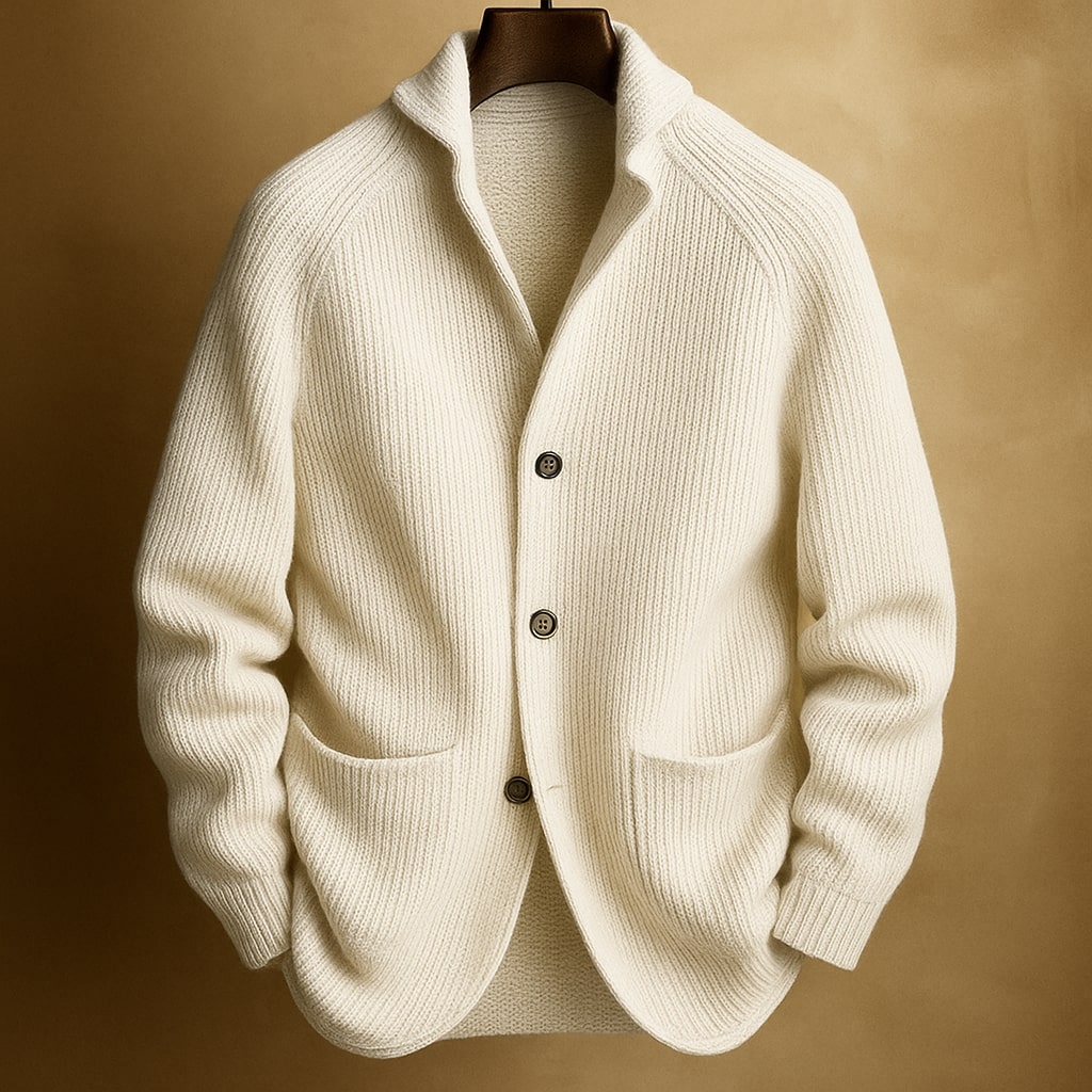 Men's Ribbed Shawl-Collar Cardigan with Three Buttons and Front Pockets