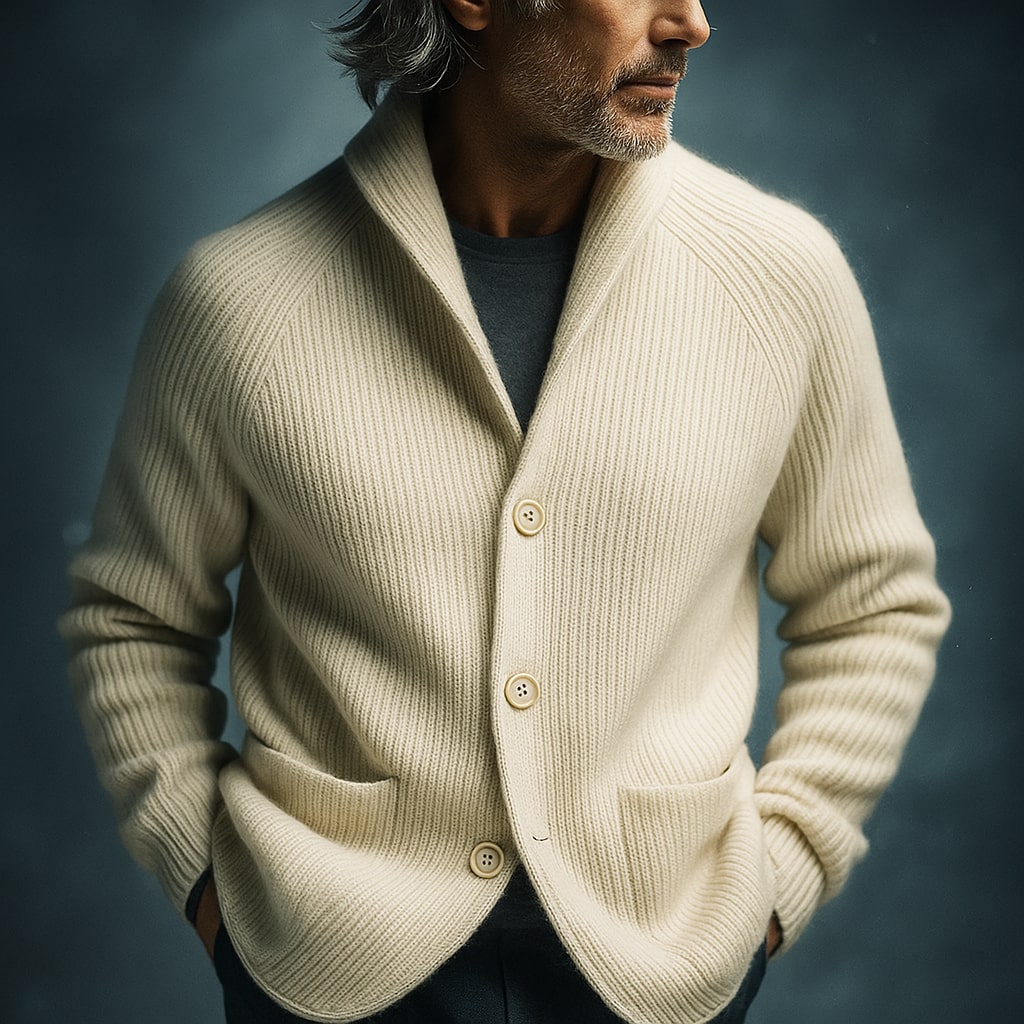 Men's Ribbed Shawl-Collar Cardigan with Three Buttons and Front Pockets