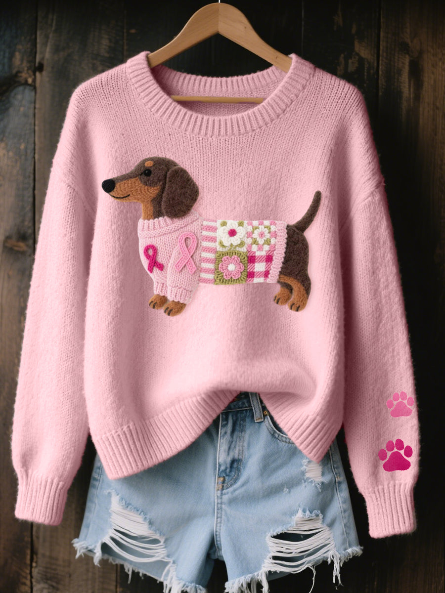 Women's Dachshund-Motif Knit Sweater with Bow Details and Ribbed Edges