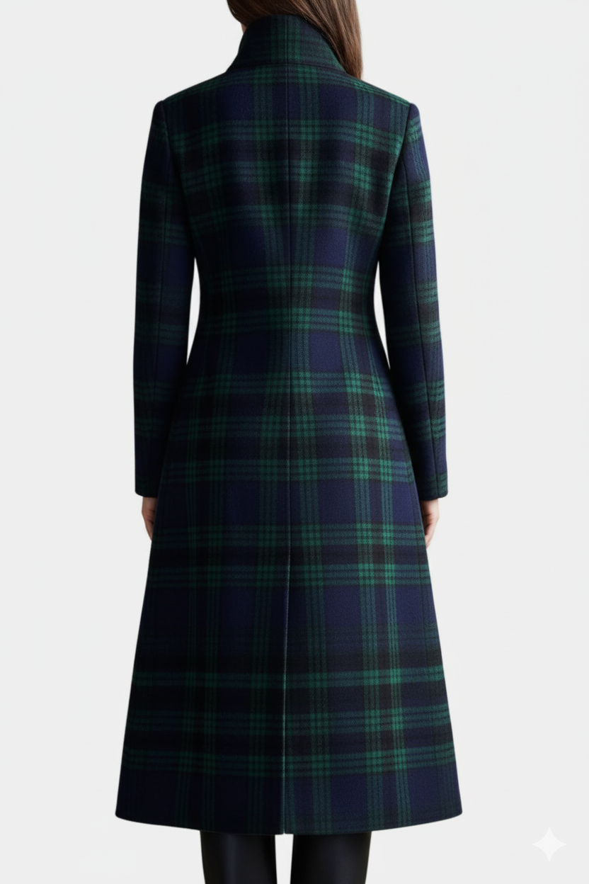 Women's Long Plaid Coat with Button Front and Lapel Collar