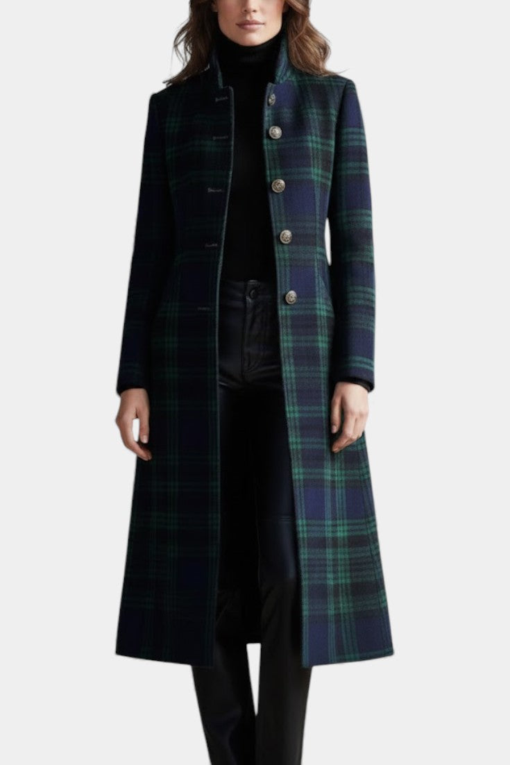 Women's Long Plaid Coat with Button Front and Lapel Collar