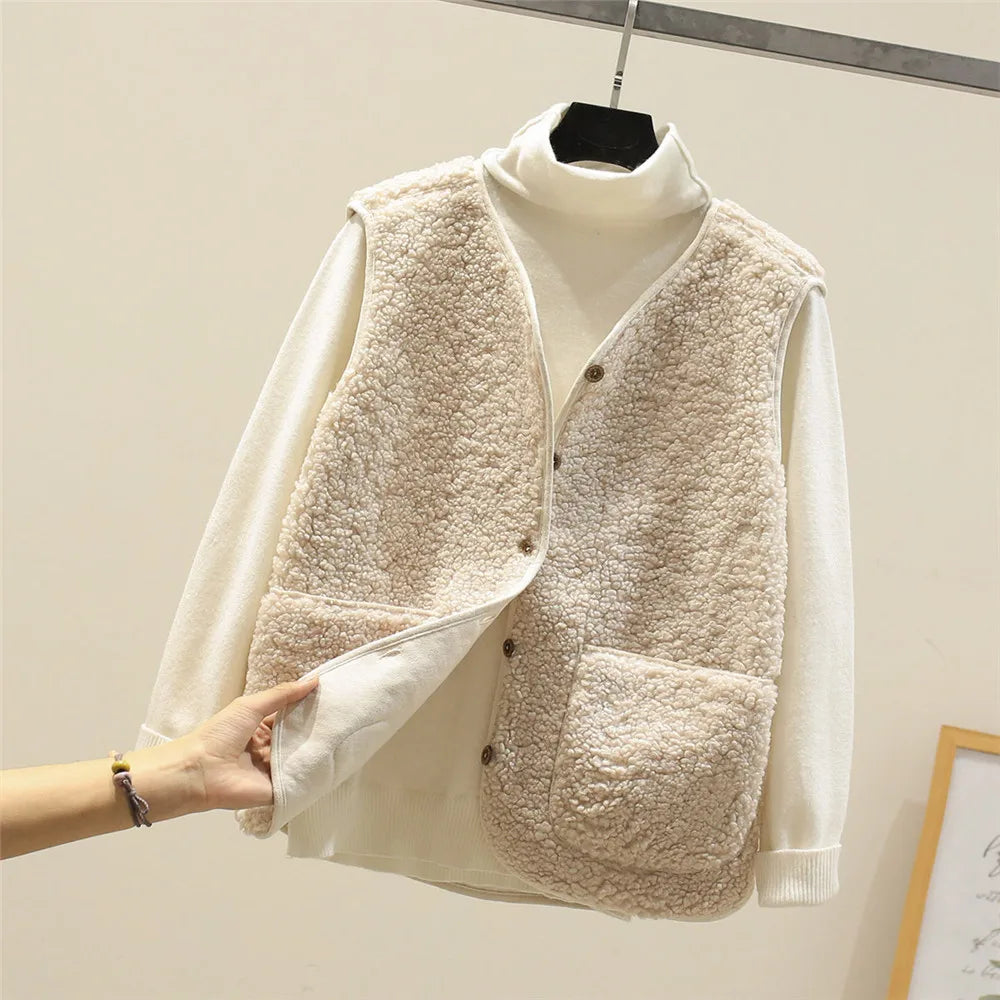 Women's Teddy-Texture Button-Front Vest with Patch Pockets