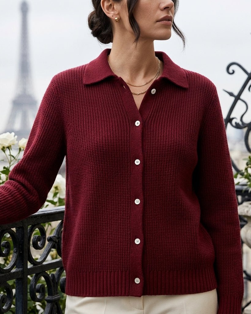 Women's Collared Ribbed Knit Cardigan with Button Front and Long Sleeves