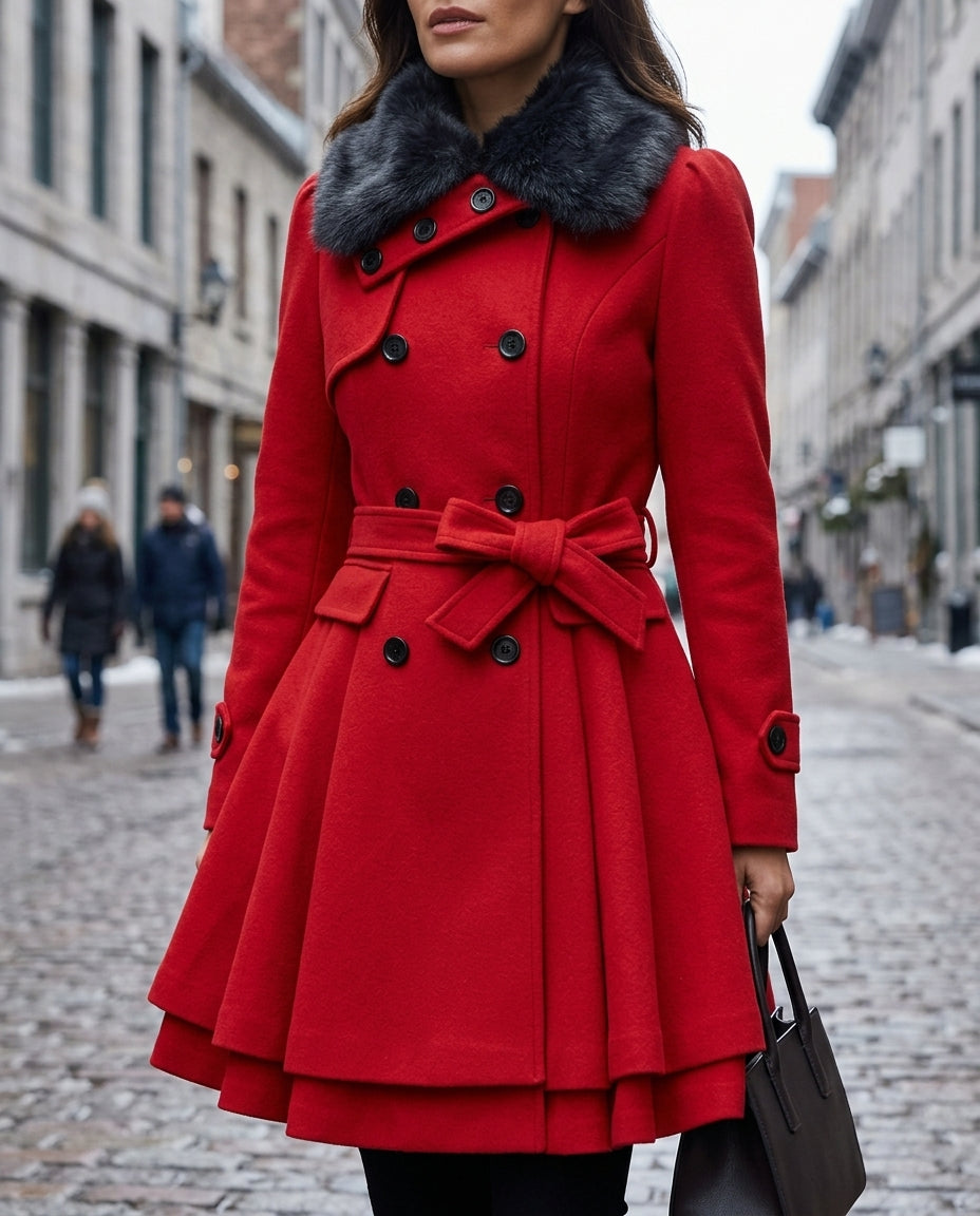 Women's Double-Breasted Peplum Coat with Textured Collar and Tie Belt