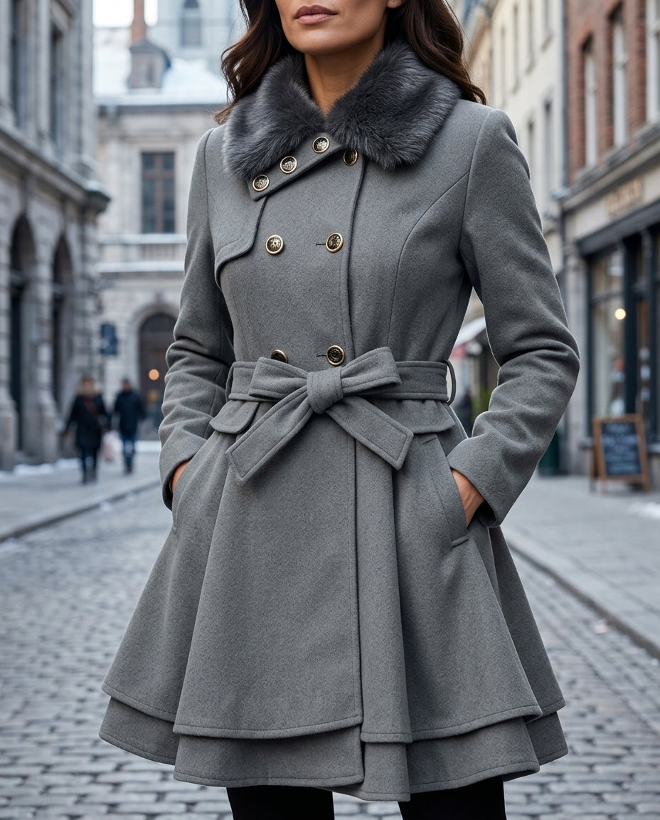 Women's Double-Breasted Peplum Coat with Textured Collar and Tie Belt
