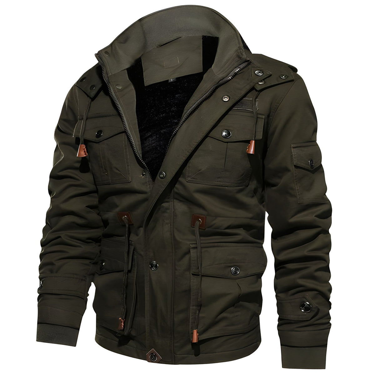 Men's Utility Jacket with Front Zipper, Multiple Pockets and Adjustable Waist