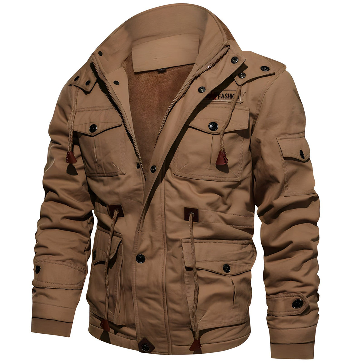 Men's Utility Jacket with Front Zipper, Multiple Pockets and Adjustable Waist
