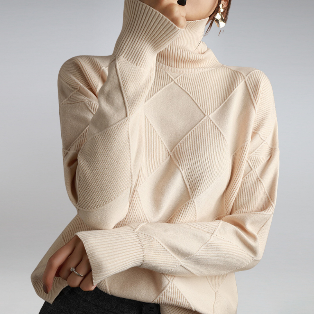 Women's Turtleneck Sweater with Geometric Knit and Ribbed Edges