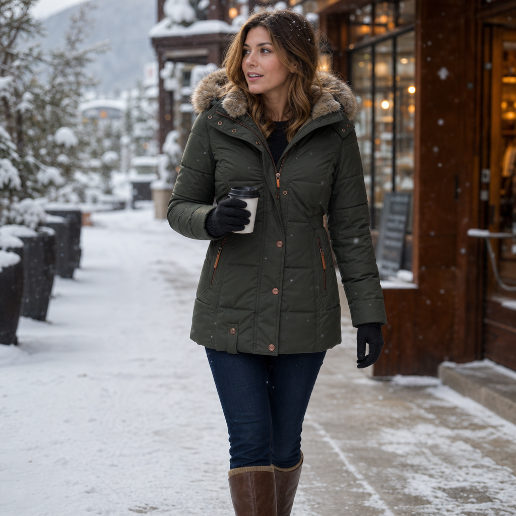 Women's Fitted Quilted Hooded Coat with Front Zipper and Side Pockets