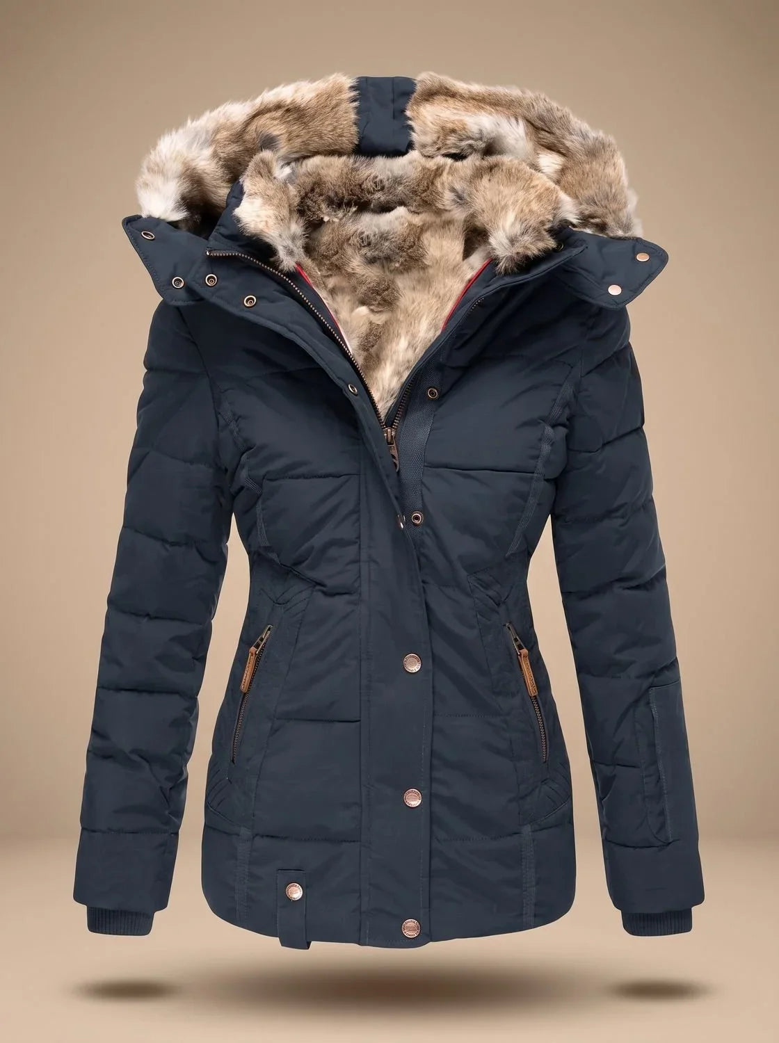 Women's Quilted Hooded Puffer Coat with Fur-Look Hood Trim